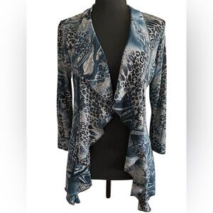 Jaipur Blue Animal Print Open Front Cardigan Lightweight Draped Boho Top M